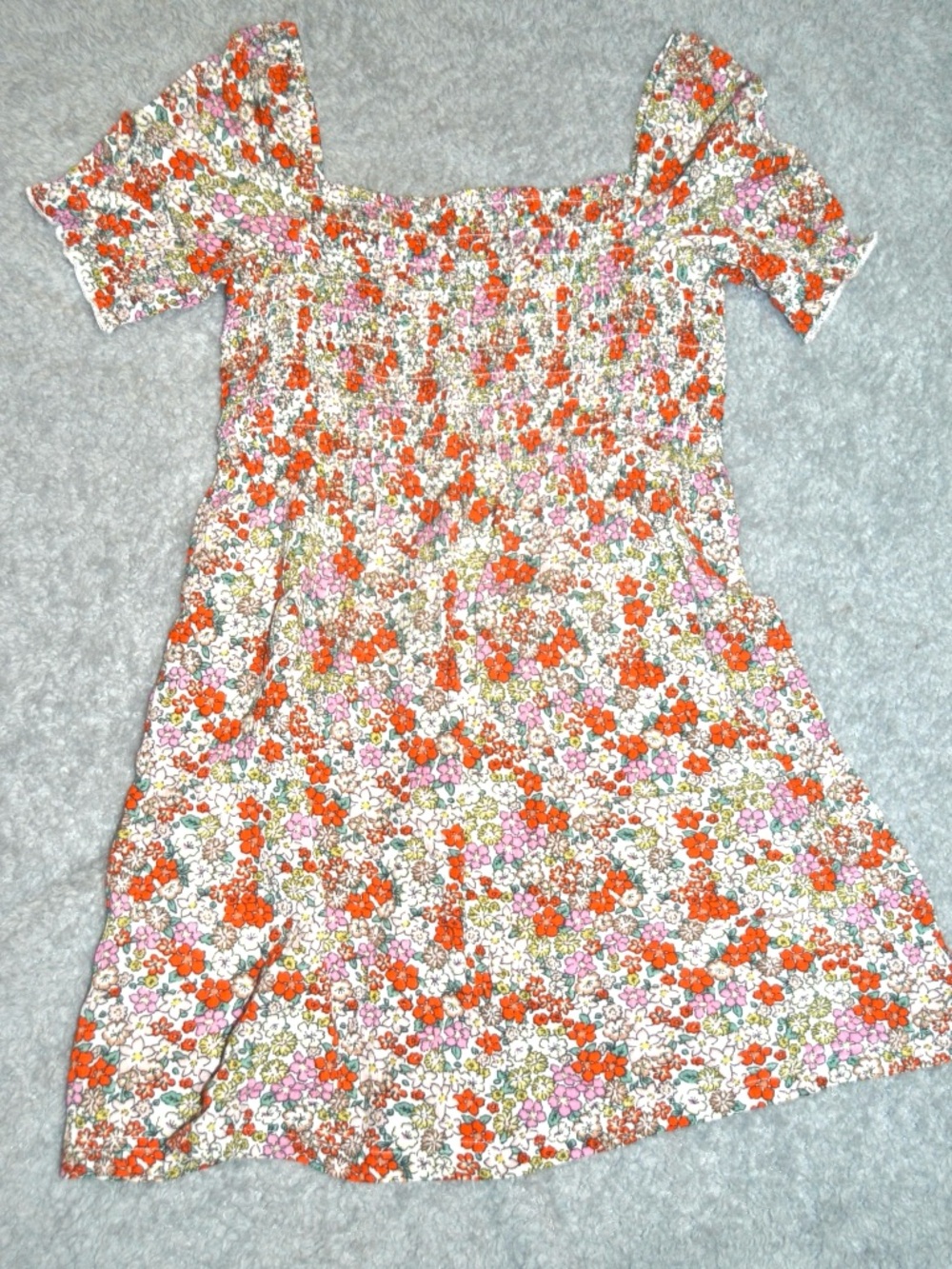 Roxy White Floral Smocked Dress with Orange & Pink Flowers